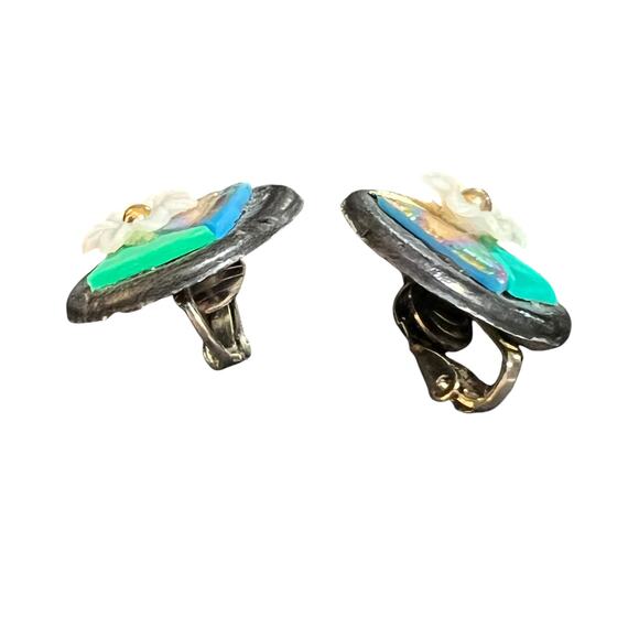 Vintage Geometric Floral Clip-On Earrings – Handcrafted Mixed-Media Design - Picture 2 of 10